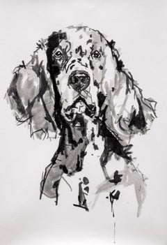 English Setter, large black and white contemporary minimal ink portrait on paper
