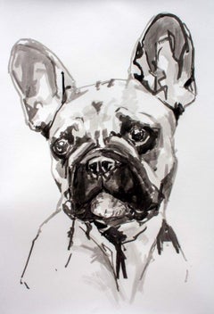 French Bulldog, large contemporary minimal portrait of a dog in black ink/paper