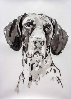 German Pointer, grand portrait contemporain minimal contemporain d'un chien à l'encre/papier noire