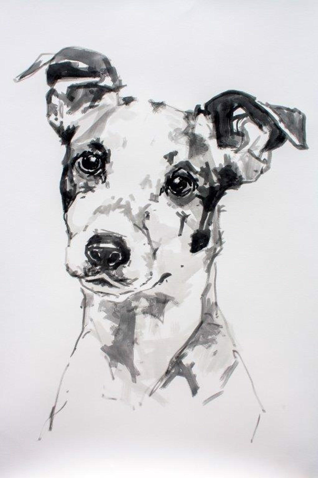 Ian Mason Animal Painting – Jack Russell Terrier, großer, minimalistischer schwarz-weißer Hund in Tusche auf Papier 