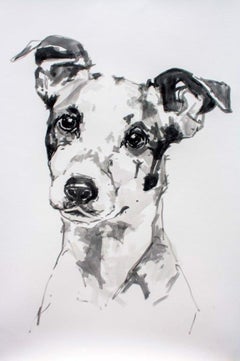 Jack Russell Terrier, large minimal black and white dog in ink on paper 