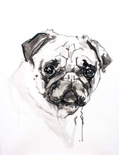 Pug, large contemporary minimal portrait of a dog in black ink on paper