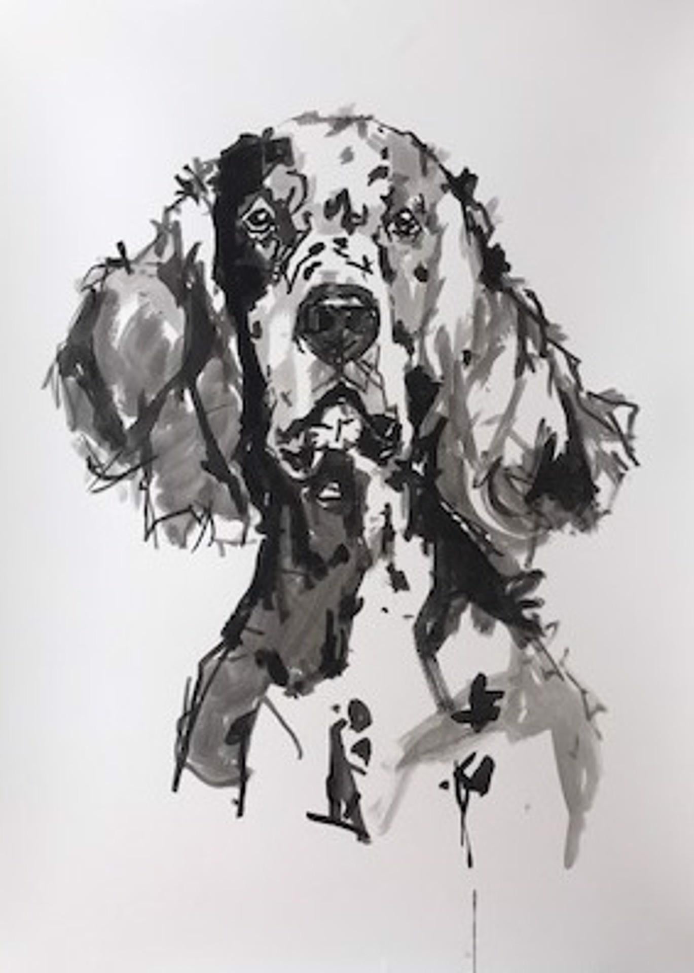 Ian Mason Animal Painting – Englisches, minimalistisches, schwarz-weißes, großes Gemälde 43 x 30 auf Papier, English Setter