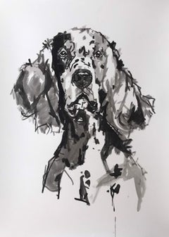 English Setter minimal black and white large painting 43 x 30 on paper
