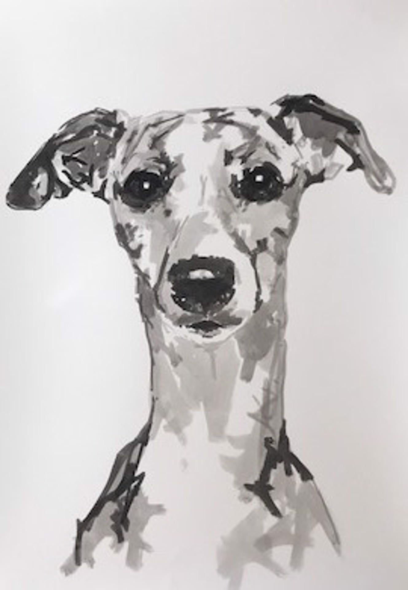 Sight Hound, grand portrait minimal contemporain à l'encre noire sur papier.