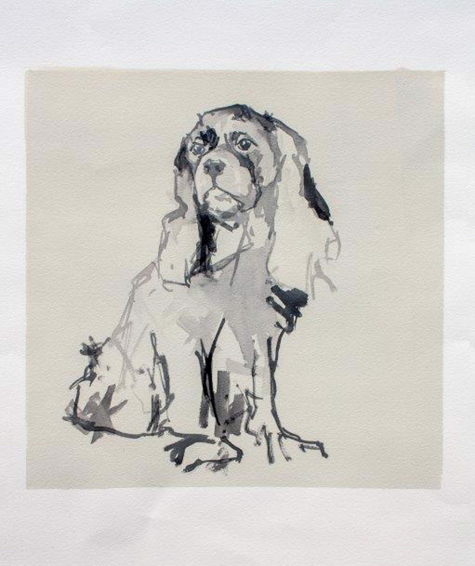 Ian Mason Animal Painting - Cavalier, contemporary minimal portrait of a dog in black ink on tan paper 