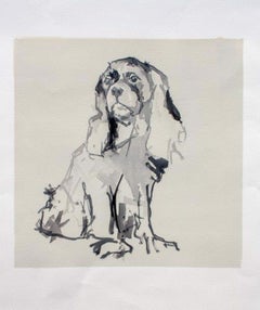 Cavalier, contemporary minimal portrait of a dog in black ink on tan paper 