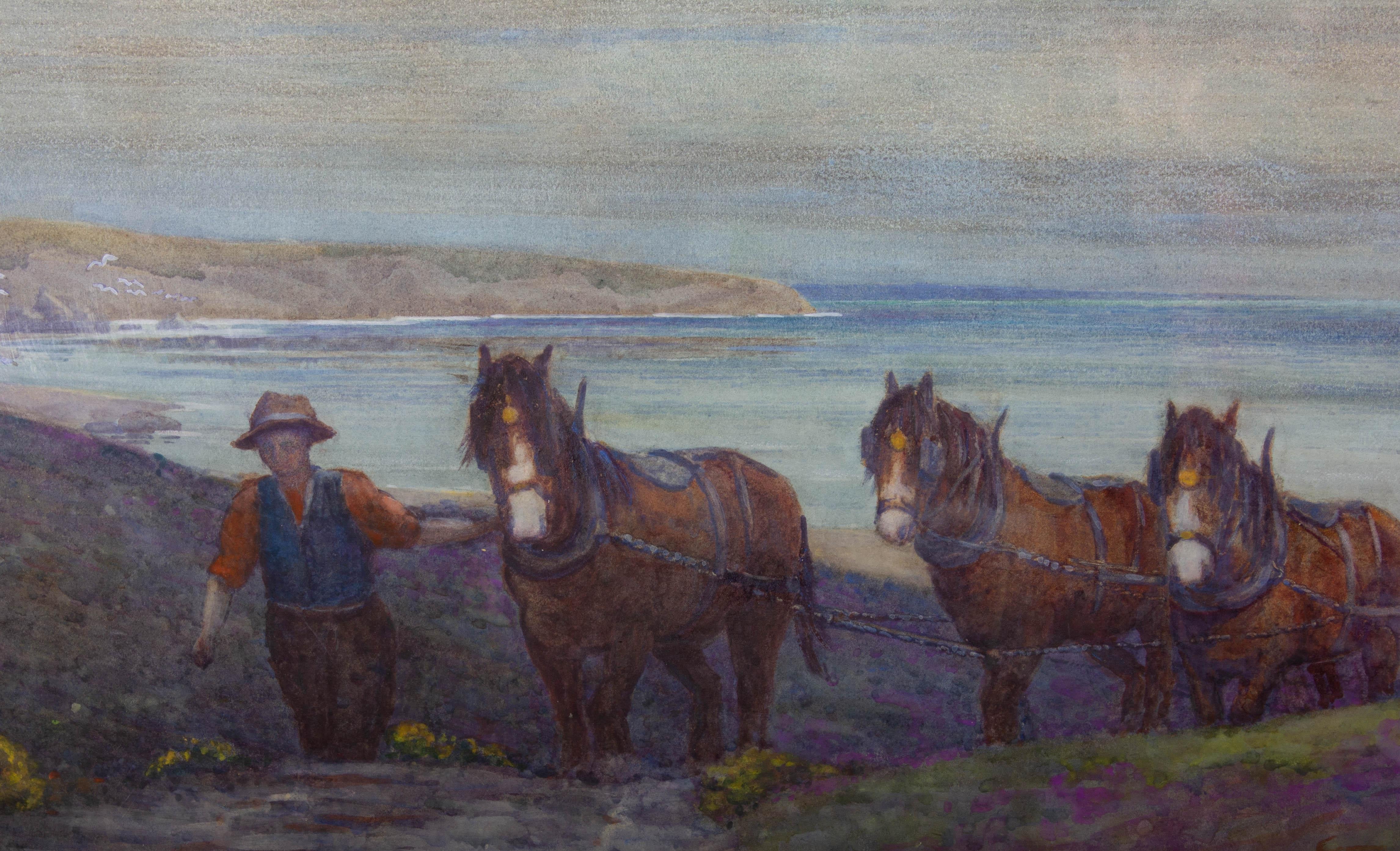A panoramic coastal scene depicting a man and workhorses proceeding up a hill towards the viewer with the sea in the background. Presented in a wash line mount and an ornate gilt-effect wooden frame. Signed and dated to the lower-right edge. There
