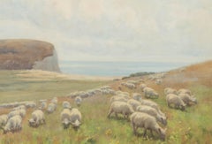 Jessie Hall (1858-1914) - Watercolour, Grazing sheep, South Downs