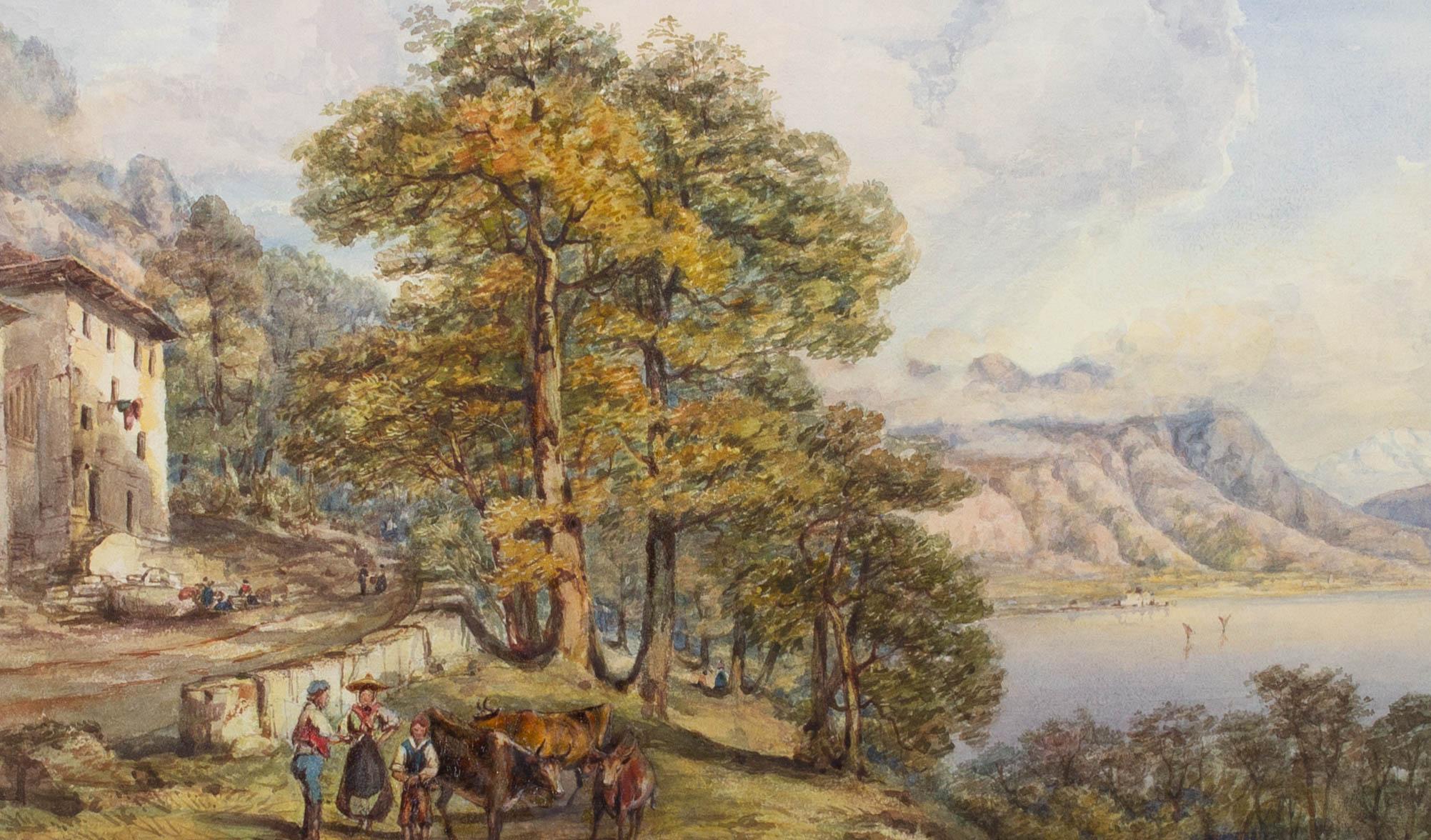 A watercolour and gum arabic view along the coastline between Montreux and Chillon Castle in Switzerland with figures and cattle in the foreground. The watermark dates the painting to 1849. The artist painted this scene three times with the other