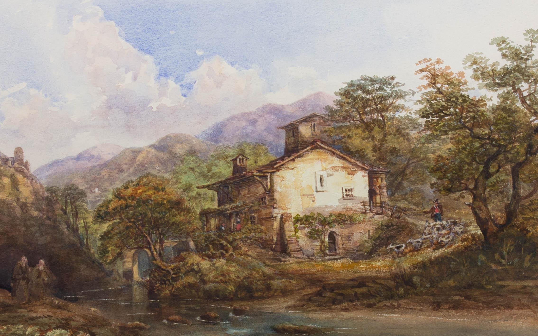 A view of a chalet beside a river in the mountains. A pair of figures, possibly monks, walk at the left of the foreground while a man herds goats on the opposite bank of the river. Presented in a cream wash line mount. Unsigned. On wove.
