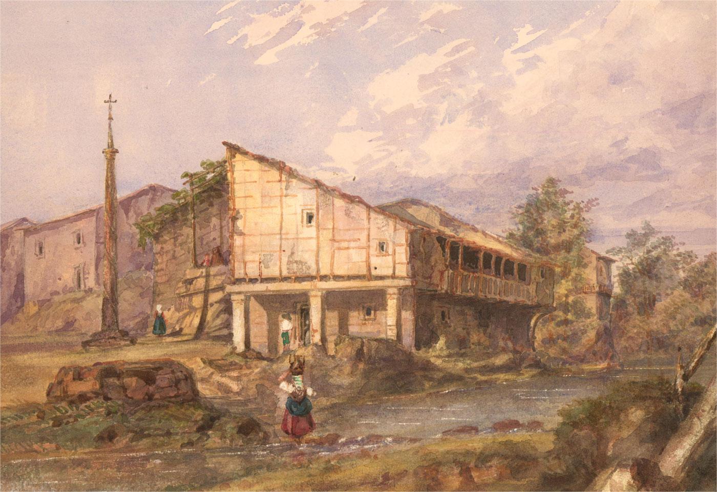 A view of a river flowing past a historic village, possibly in Italy. A woman carries a vessel of water in the foreground. Presented in a yellow marble-effect wash line mount. Unsigned. On wove laid to backing wove.
