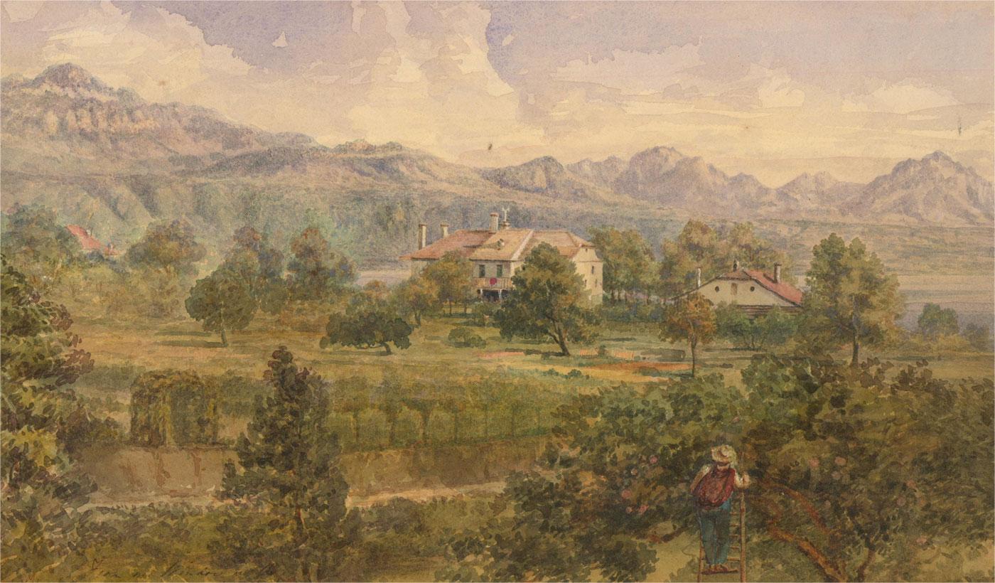 Unknown Landscape Art – 1850 Aquarell - Obstgarten am Genfer See