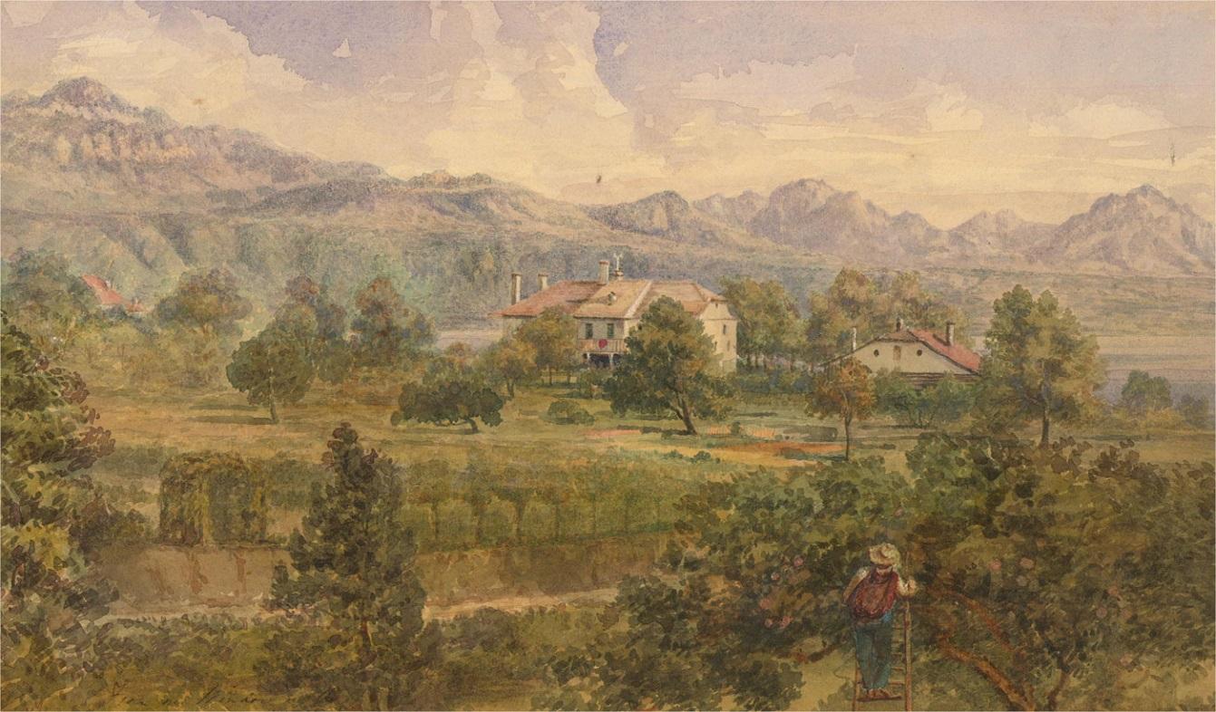 1850 Aquarell - Obstgarten am Genfer See (Braun), Landscape Art, von Unknown