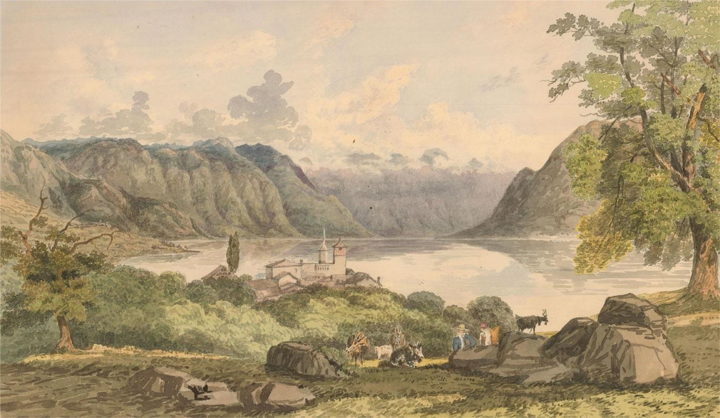 1839 Watercolour - Pully, Lake Geneva - Brown Landscape Art by Unknown