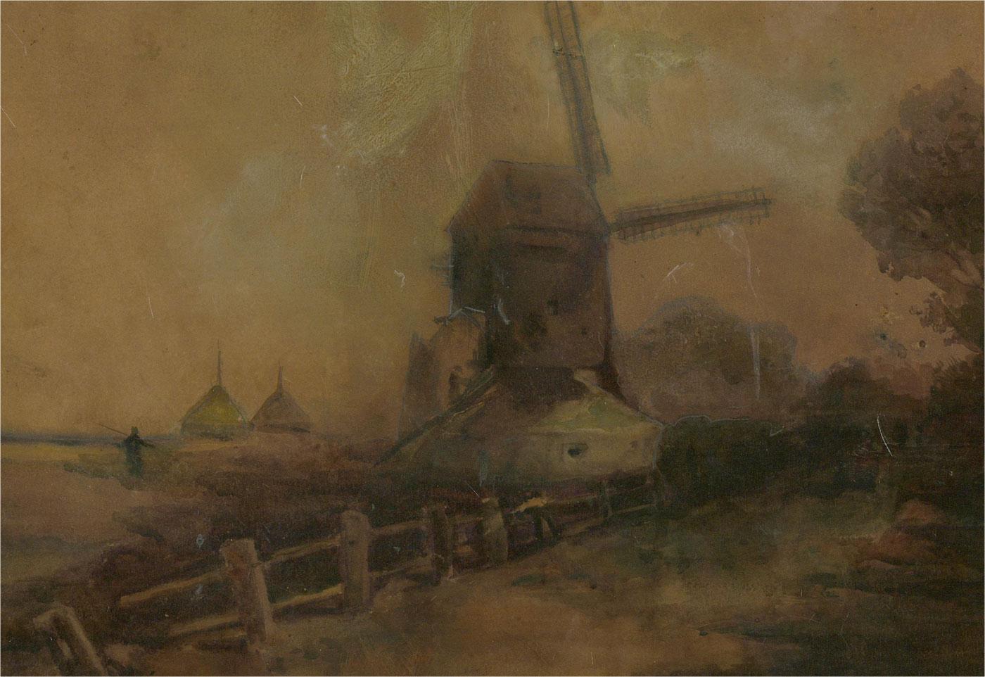 Aquarelle de l'école néerlandaise du début du XXe siècle - Standermolen - Marron Landscape Art par Unknown