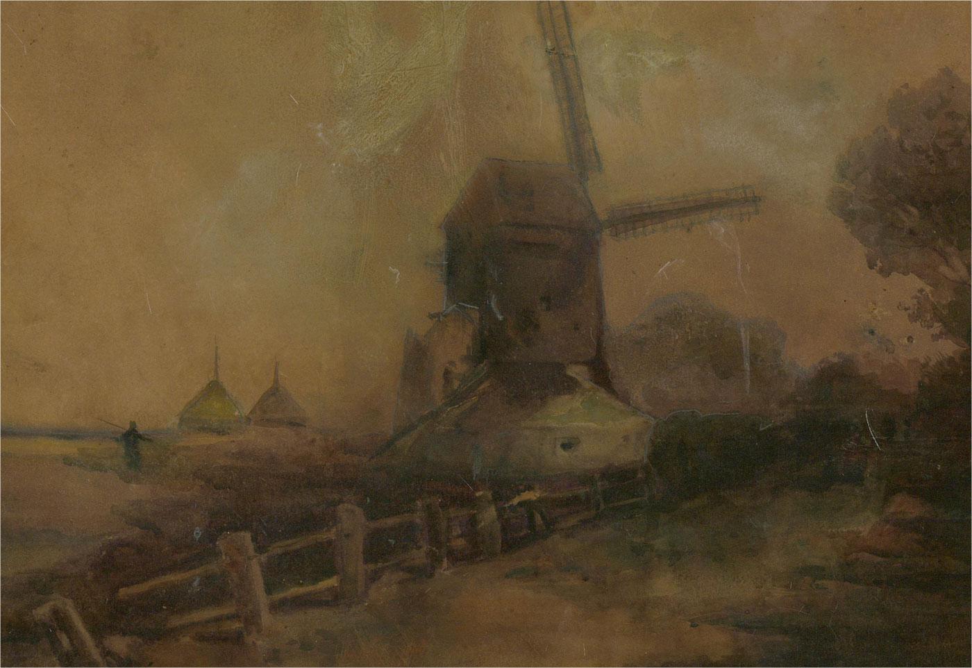 Dutch School Early 20th Century Watercolour - Standermolen - Brown Landscape Art by Unknown