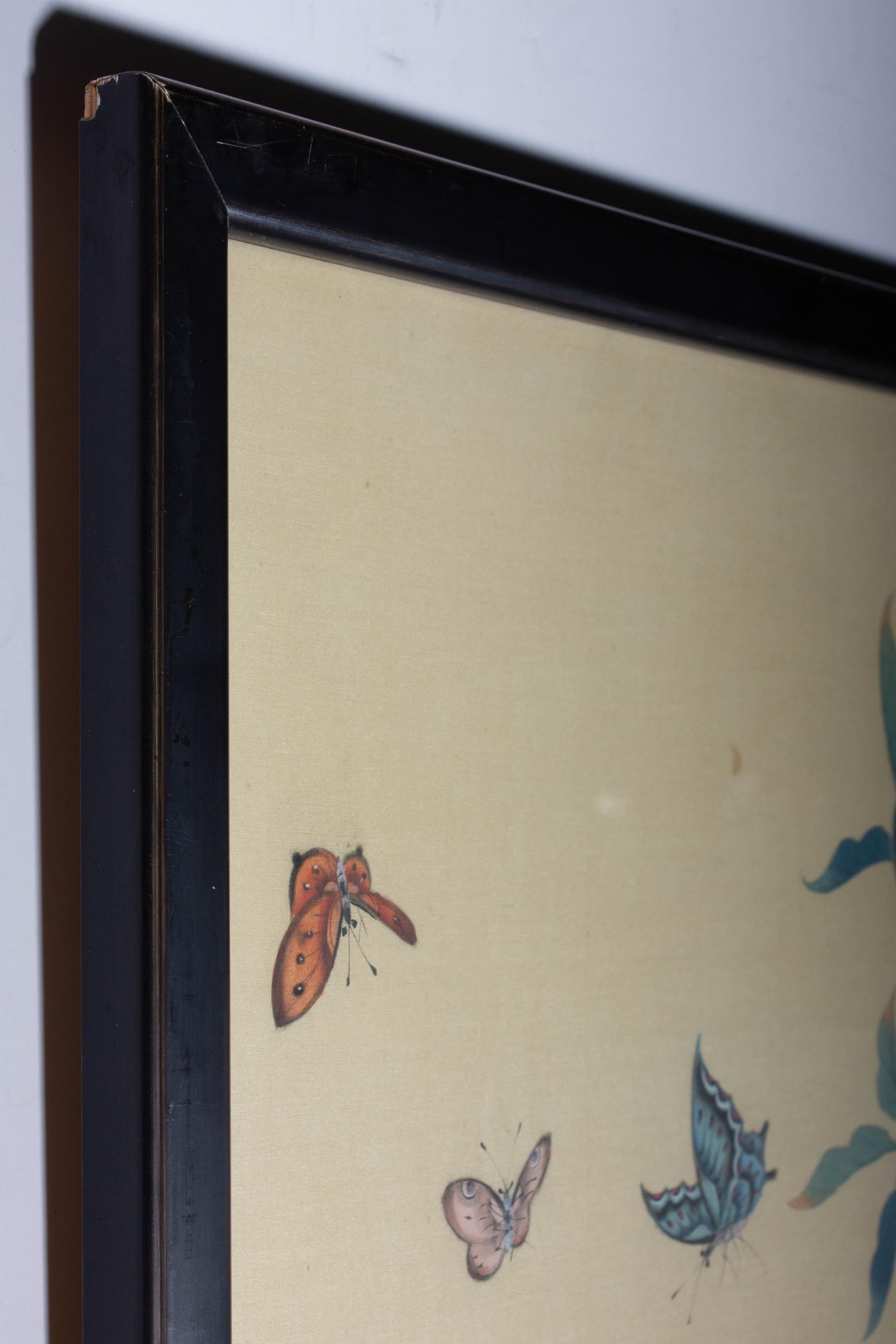 A beautiful Chinese gouache study of peonies and butterflies on fine cotton. The painting is unsigned and a presented in a simple black frame. On cotton.