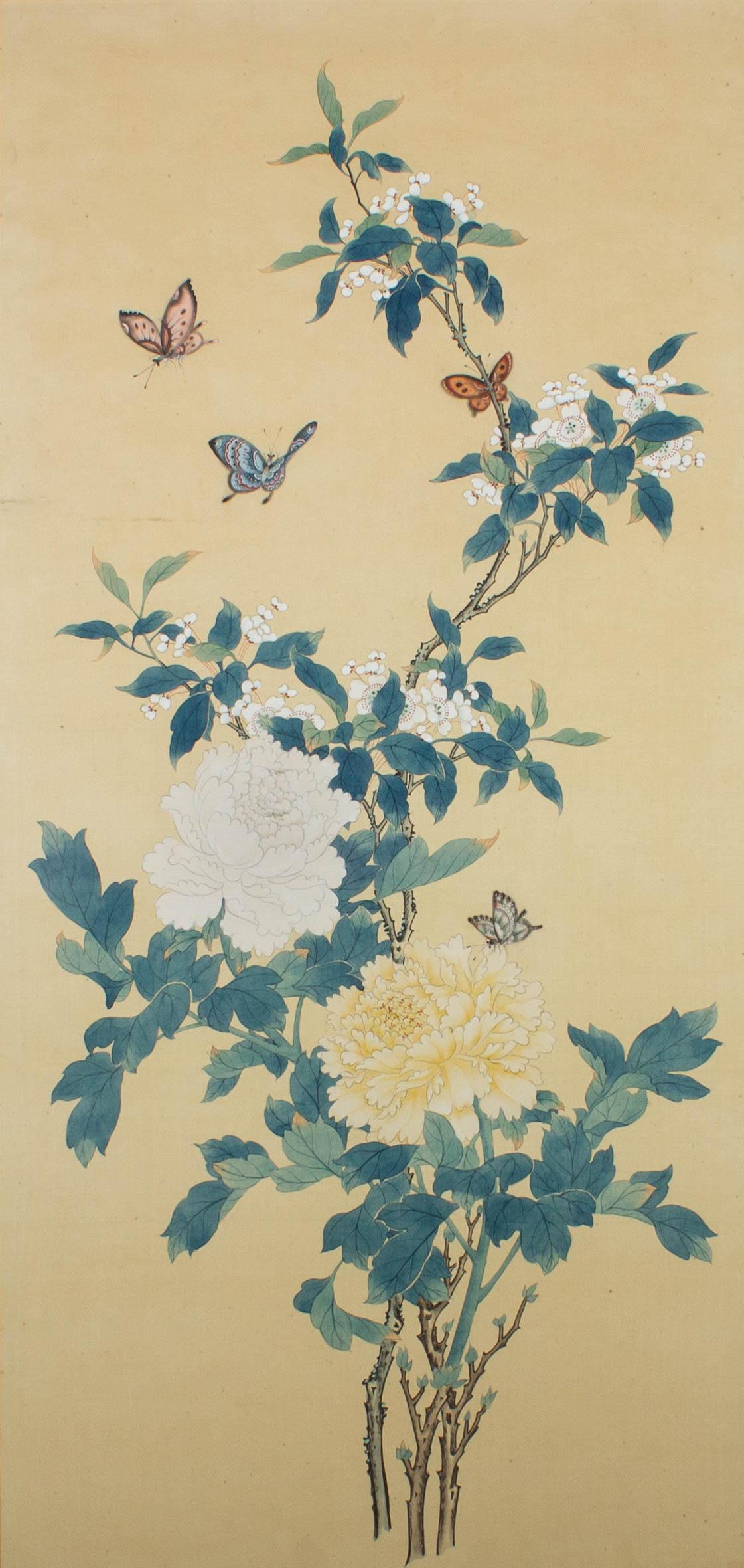 Unknown Still-Life - 20th Century Gouache - Peonies And Butterflies