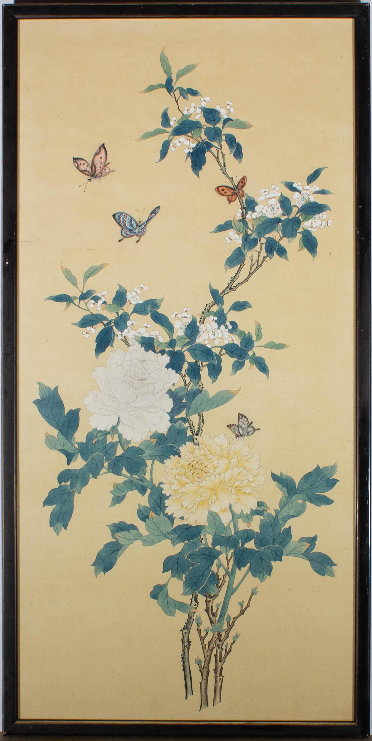 20th Century Gouache - Peonies And Butterflies - Art by Unknown