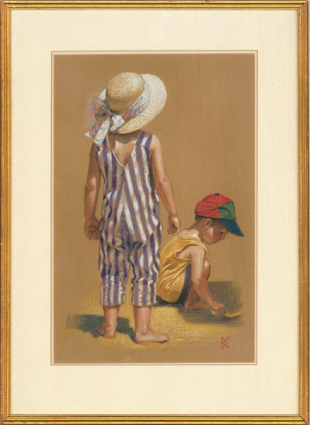 Unknown Figurative Art - 20th Century Pastel - Playing in the Sand
