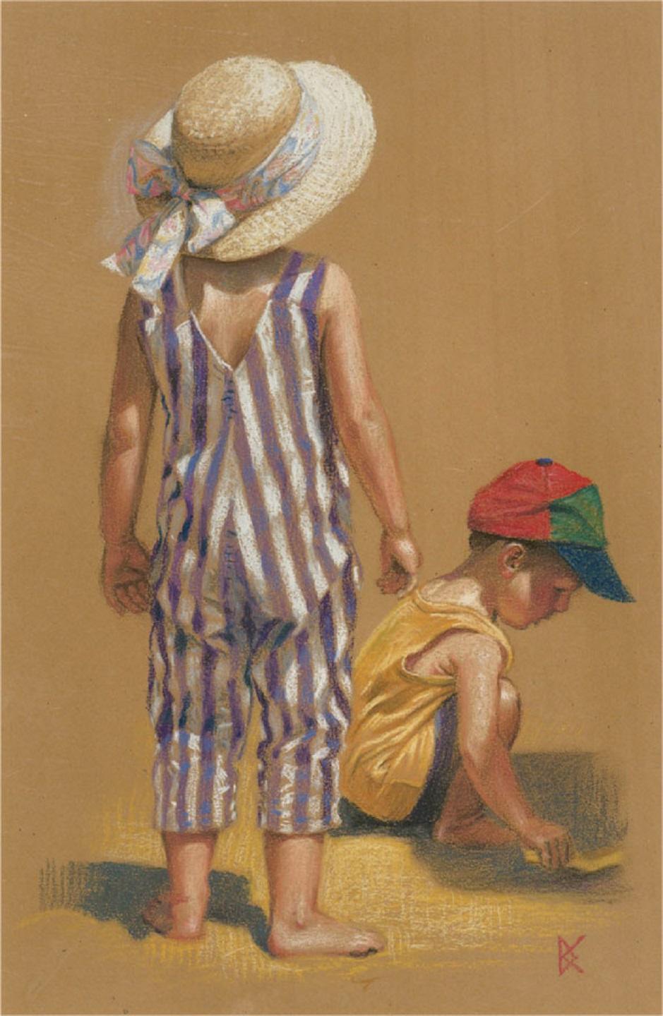 This delightful pastel study depicts two children at the beach. The girl with a sunhat and stripped outfit looks to the distance while a little boy plays with a toy boat in the sea. Drawn in fine pastel detail, this scene has a wonderfully nostalgic