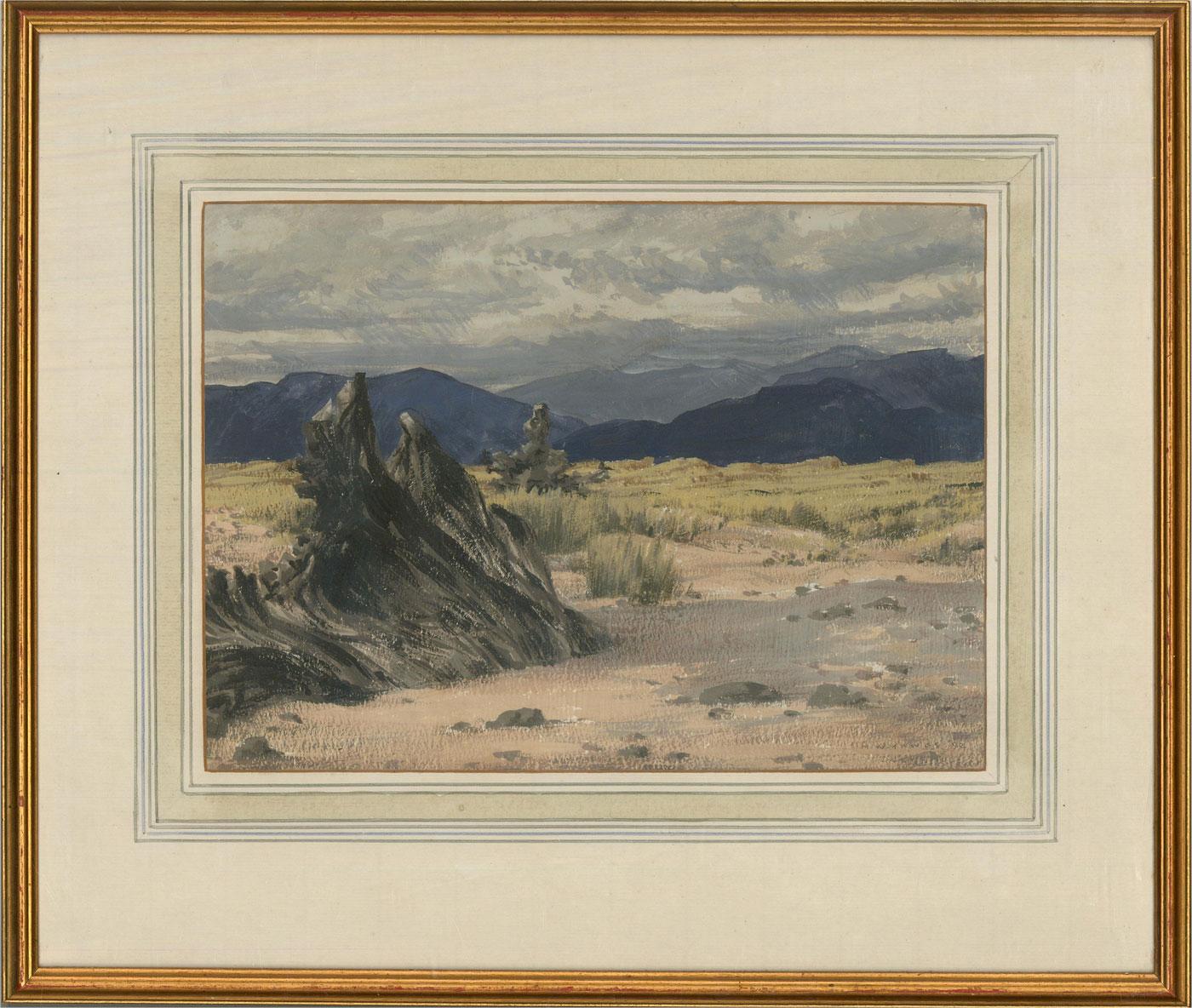 A captivating gouache painting by the British artist Meredith William Hawes, depicting a landscape scene with driftwood and mountains in the distance. Signed and dated to the lower right-hand corner. There is an exhibition label on the reverse