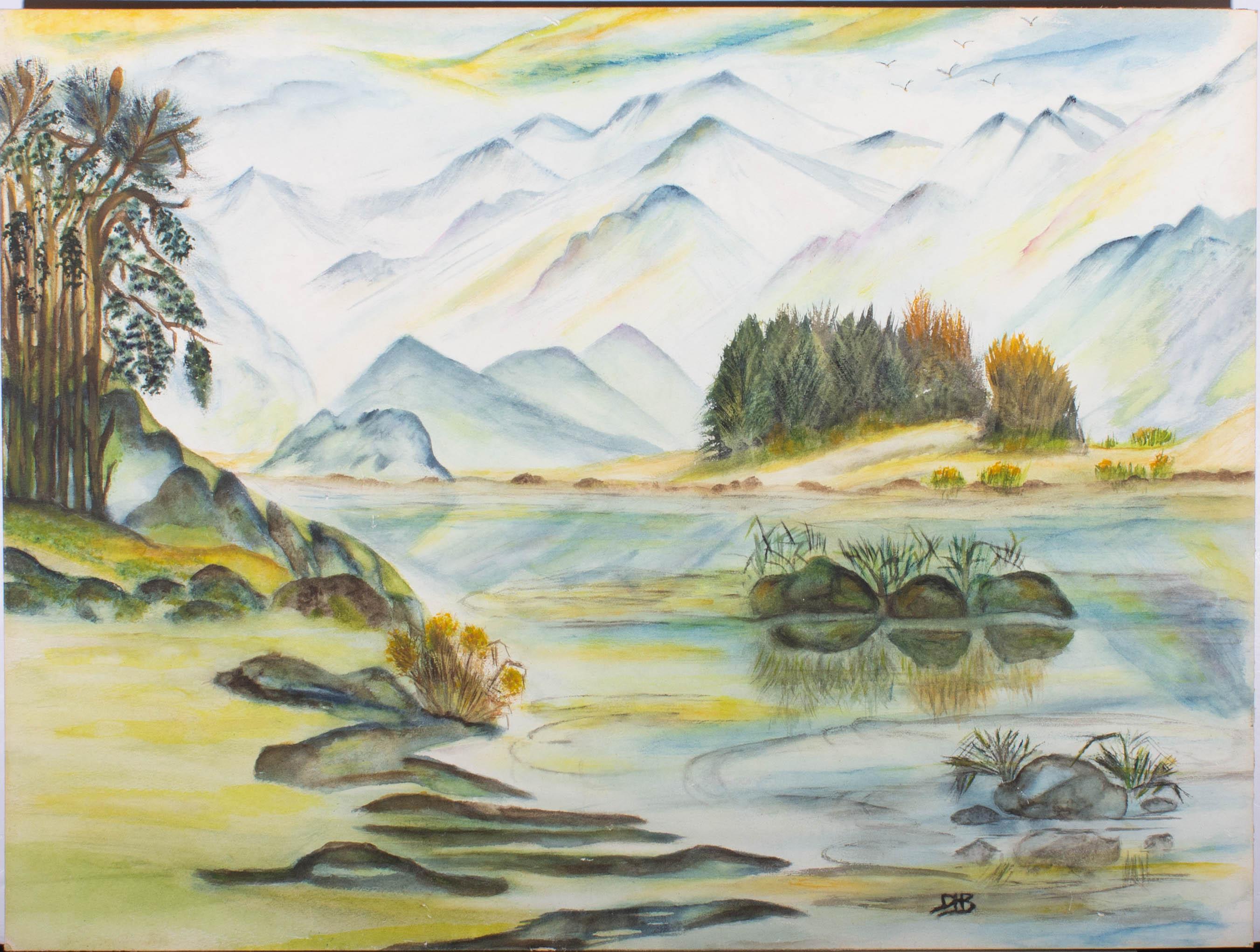 A charmingly naive landscape in watercolour, showing an Alpine lake at the foot of impressive mountains. The artist has initialed to the lower right and the painting is on watercolor board. The painting is presented with the original backing board