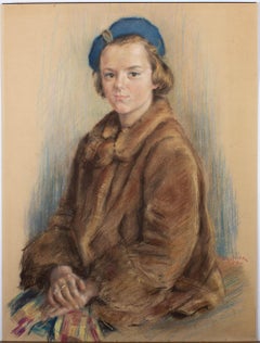 P. Wolmira - 1952 Pastel, Young Lady In Fur