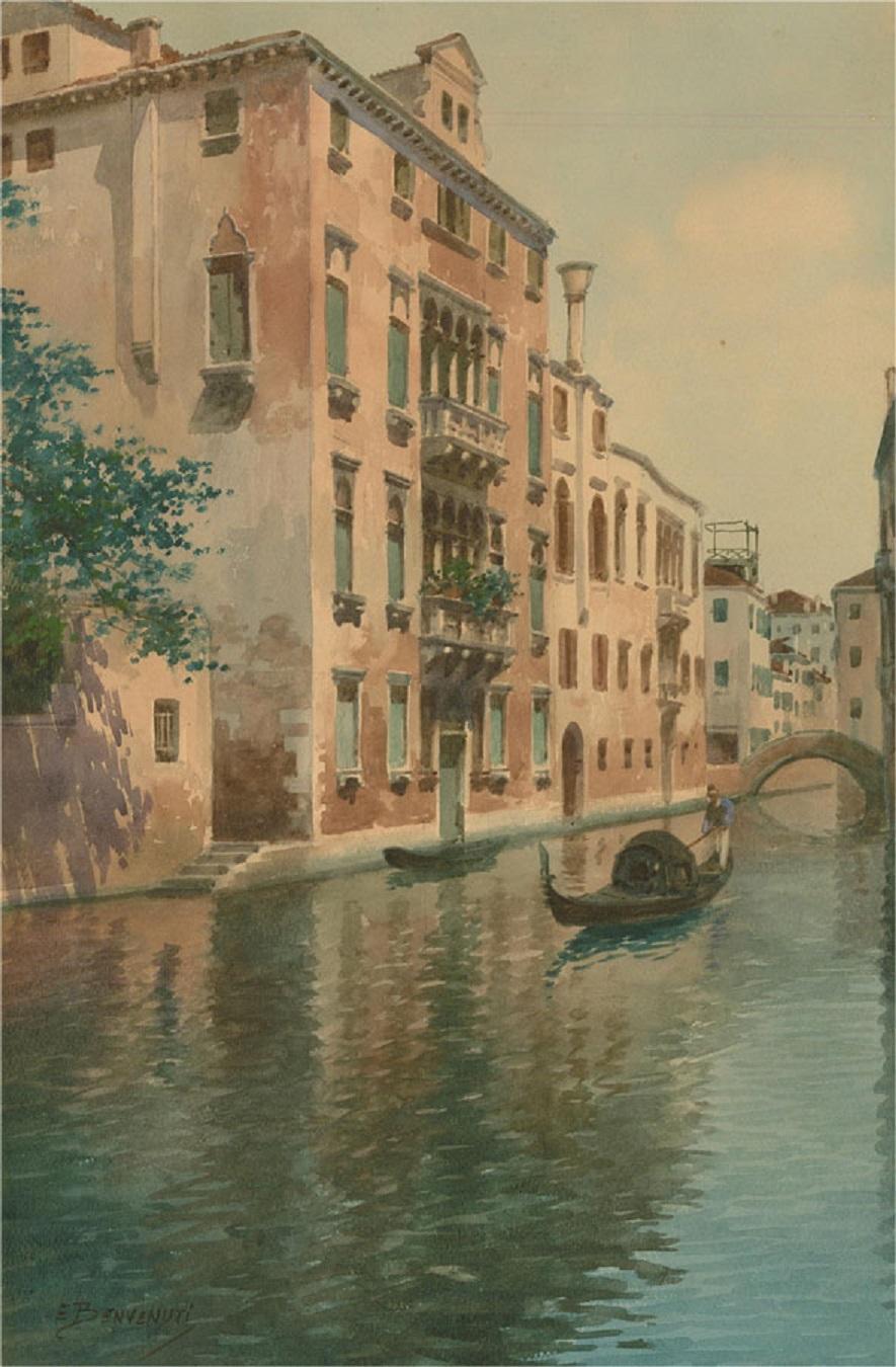 A fine and accomplished watercolour painting by the Italian artist Eugenio Benvenuti. The scene depicts a view in Venice, with a gondola and an arch bridge in the distance. Signed to the lower left-hand corner. On watercolour paper.
