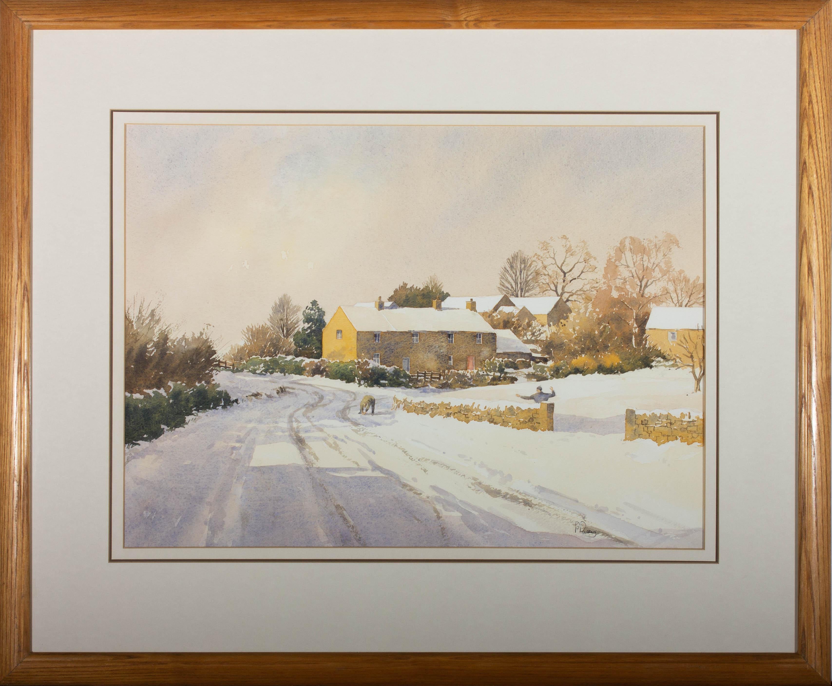 An attractive watercolour painting by the Derbyshire artist Paul Pacey, depicting a snowy landscape scene with figures playing in the snow. Signed to the lower right-hand corner. Presented in a cream card mount and in a light wooden frame, as