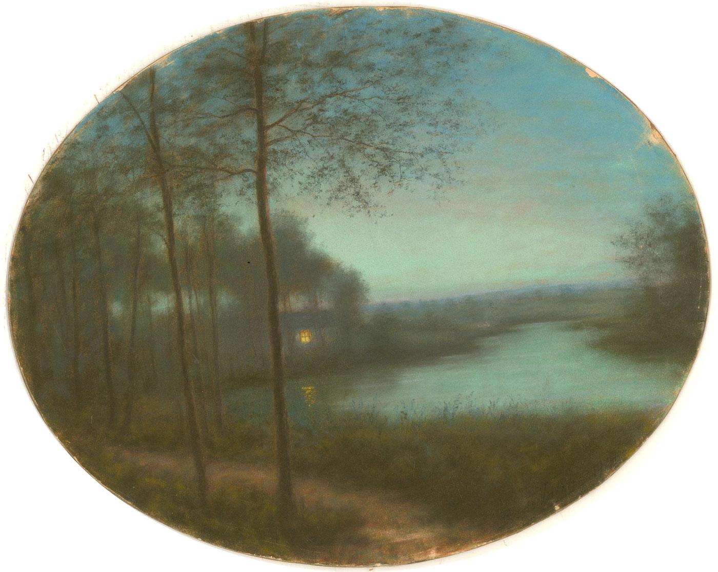 An atmospheric pastel landscape showing the glowing window of a cottage on the banks of a river, shining through the gathering dusk. The artist has signed indistinctly and dated to the lower right. On wove laid to board.
