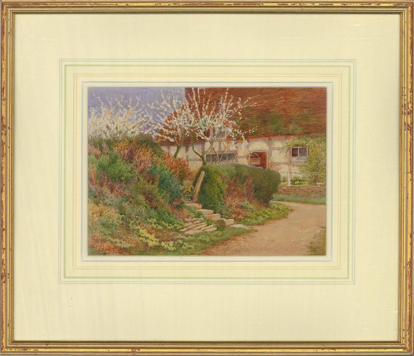 A fine and accomplished watercolour painting with gouache details by George Hughes, depicting a rural scene with a cottage and blossoming trees. Signed to the lower left-hand corner. Well-presented in a double wash line card mount and in a