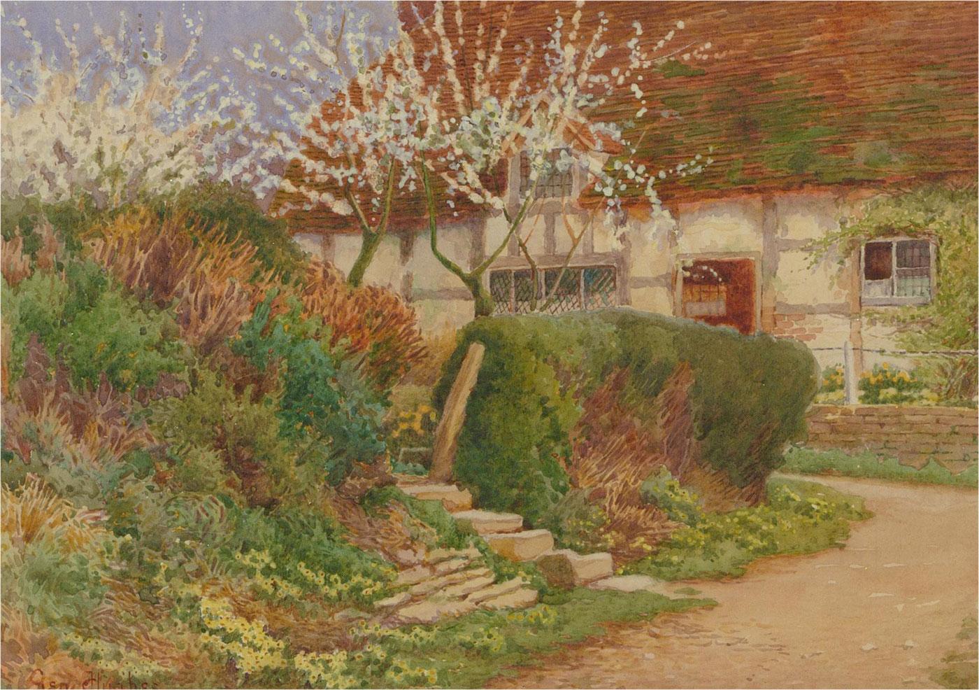 George Hughes (1865-1933) - Watercolour, Country Cottage with Blossoming Trees 3