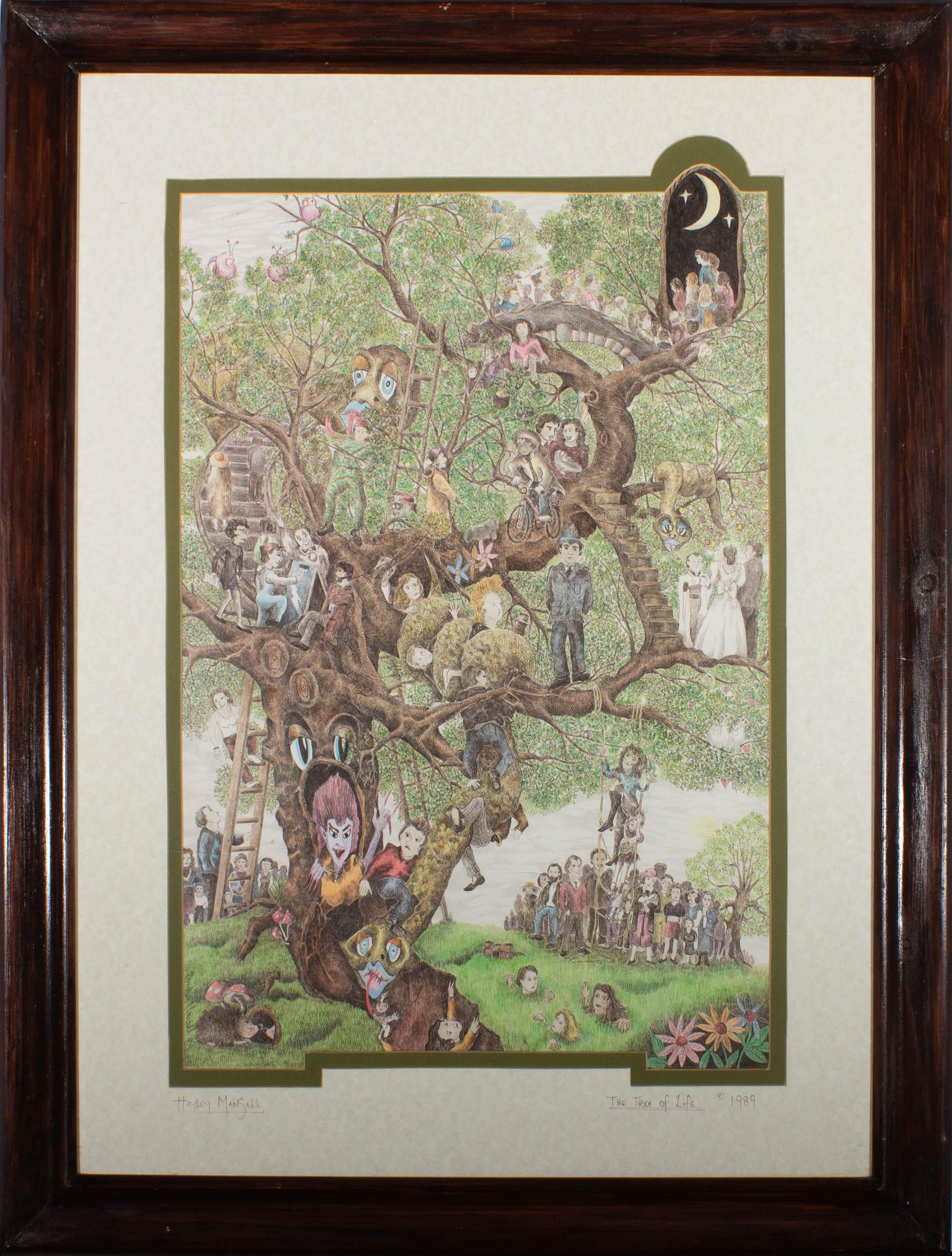 A finely detailed pen and ink drawing with coloured pencil. The artist has signed and dated to the lower left of the image and signed, dated and inscribed to the lower edge of the mount. The artwork has been presented in a wood frame with layered