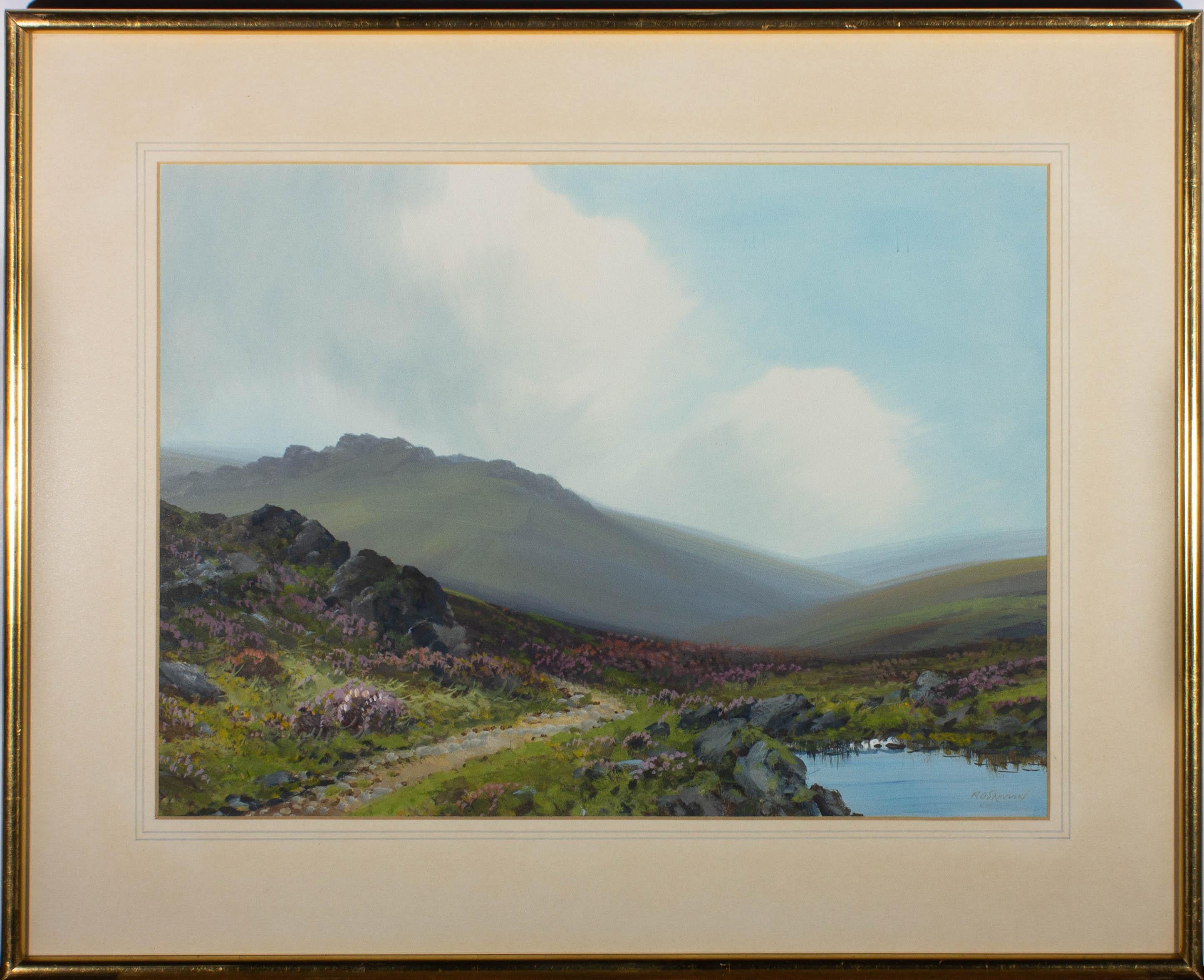 A sweeping view across the dramatic Dartmoor landscape. Presented glazed in a beige mount and a distressed gilt-effect wooden frame. Signed to the lower-right edge. On board.
