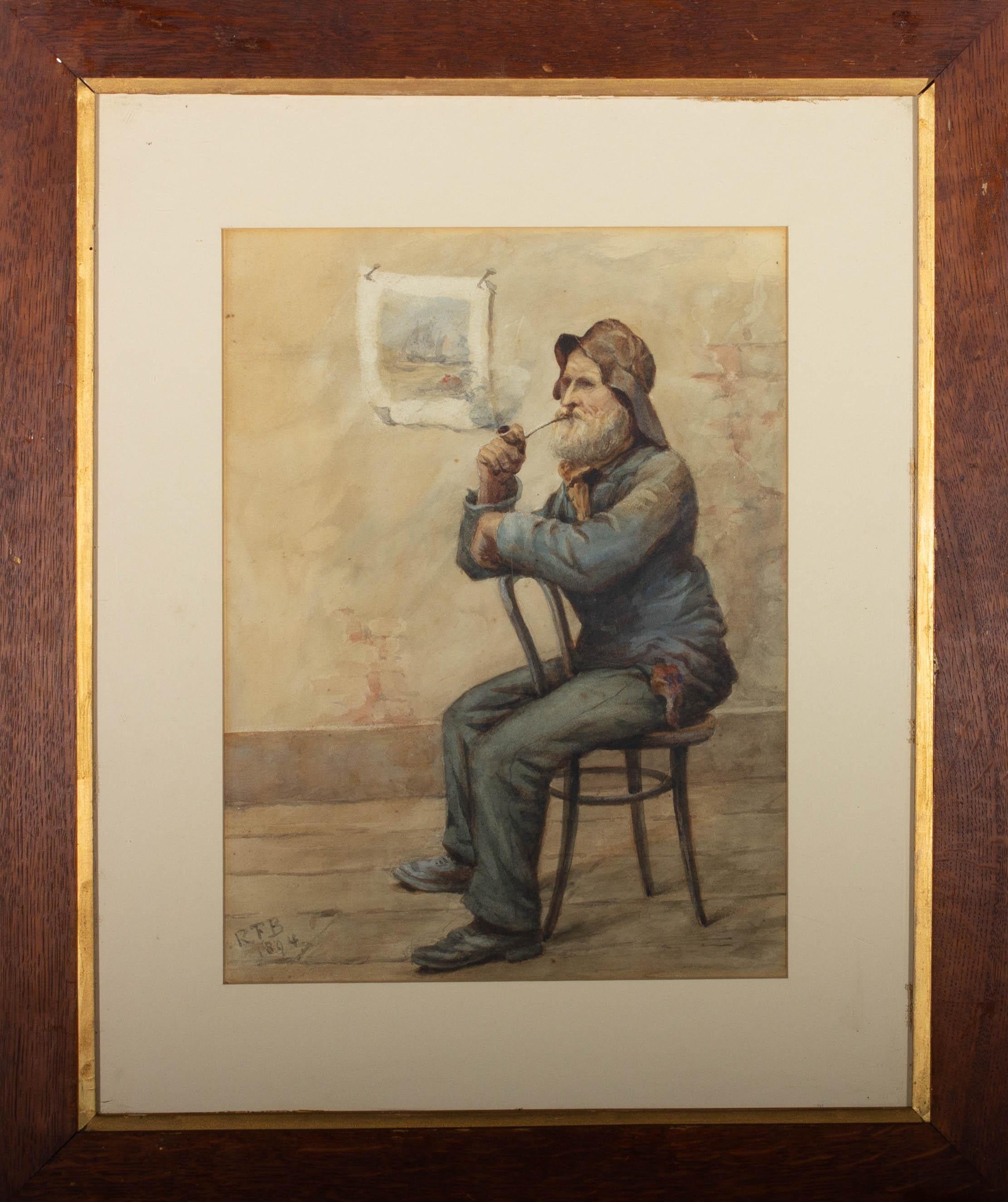 This portrait is of a fisherman sat on a wooden chair smoking his pipe. The fine detail of the painting shows the textures of the man's rain hat and heavy jacket, depicting the nature his work at sea. In the background we are shown a pinned up