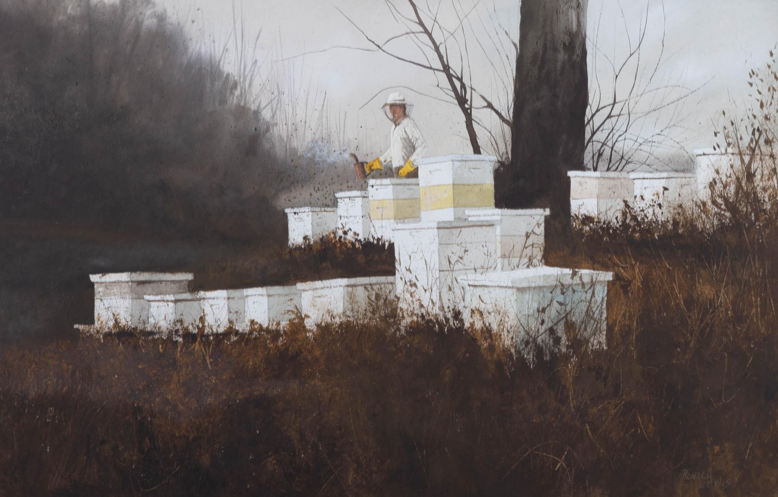 A fine 20th Century watercolour showing a beekeeper with a smoker, tending to his beehives in the Autumnal undergrowth. The artist has signed to the lower right and the painting has been presented in a brushed gilt effect frame with layered card