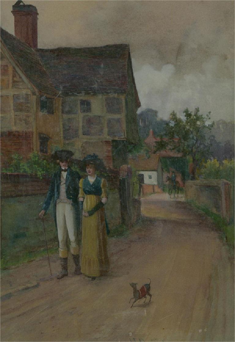 A fine late 19th Century watercolour showing a fashionable young couple, strolling together through a village street, a small dog by their side. The artist has signed and dated at the lower edge. The painting has been handsomely presented in its