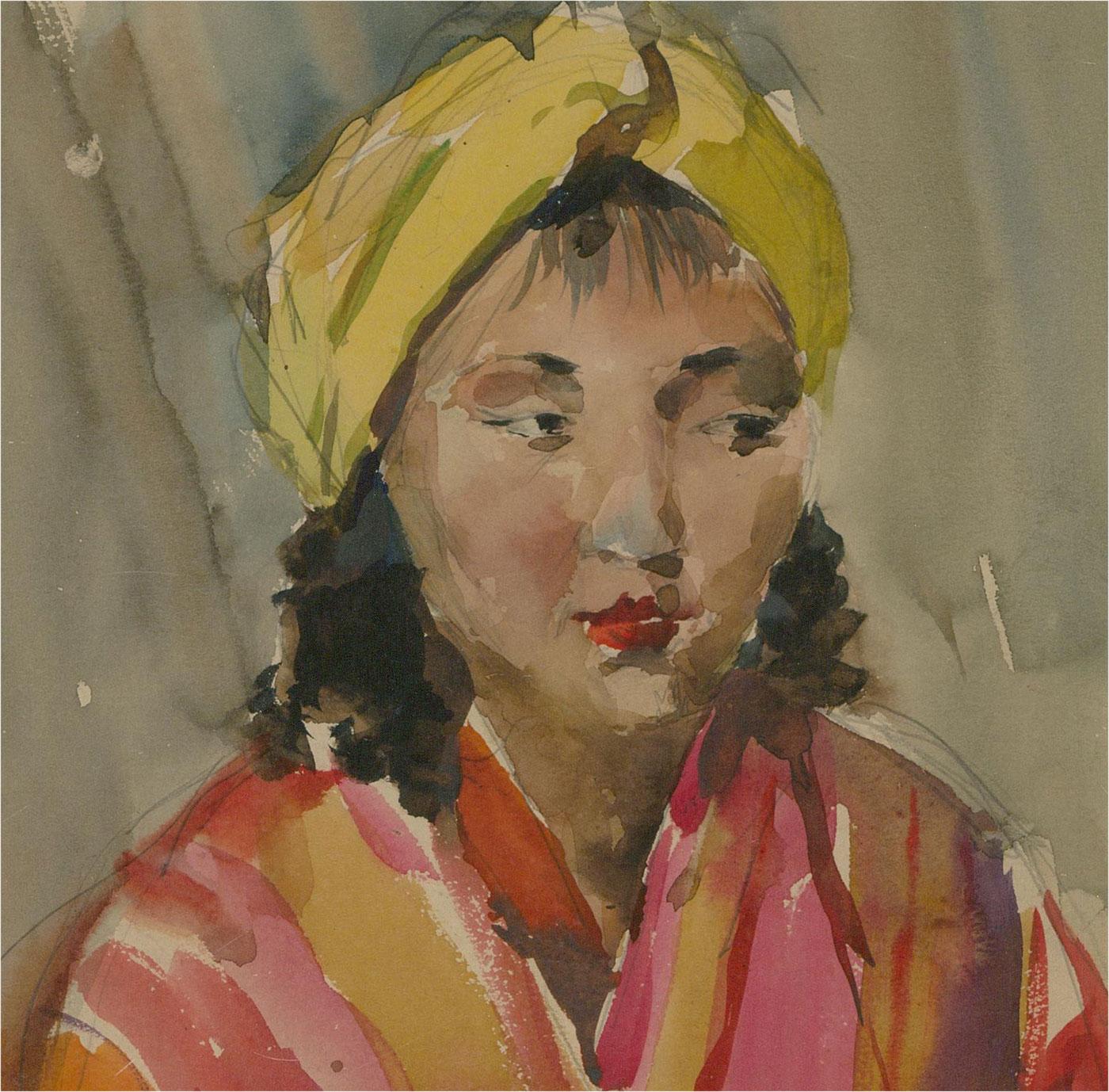 20th Century Watercolour - Portrait in Yellow Headband 1