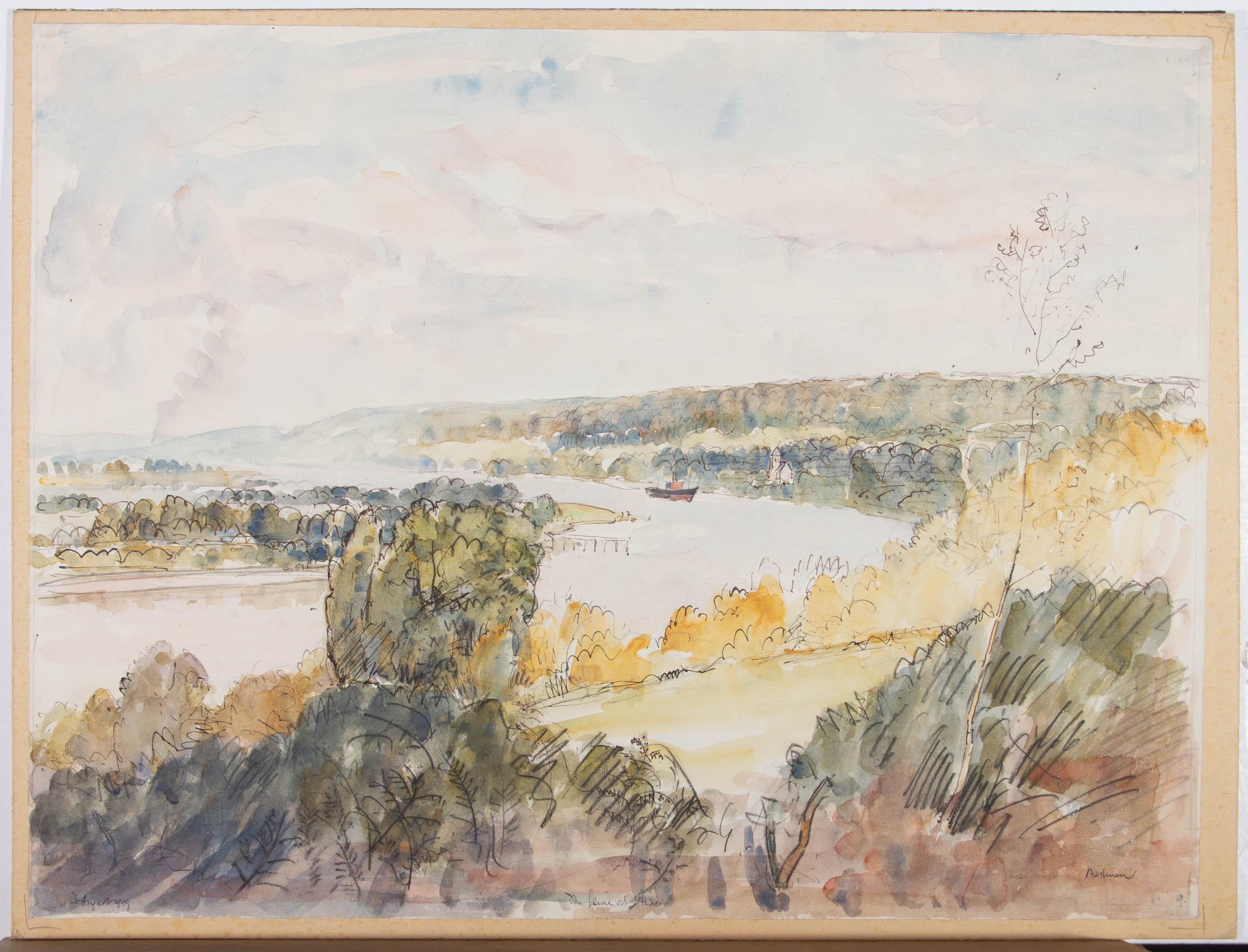 A charming impressionist view of the river Seine, wandering through the French woodland. The watercolor is finished with dark graphite detailing, giving the foreground weight and depth.The artist has signed to the lower right, inscribed at the lower