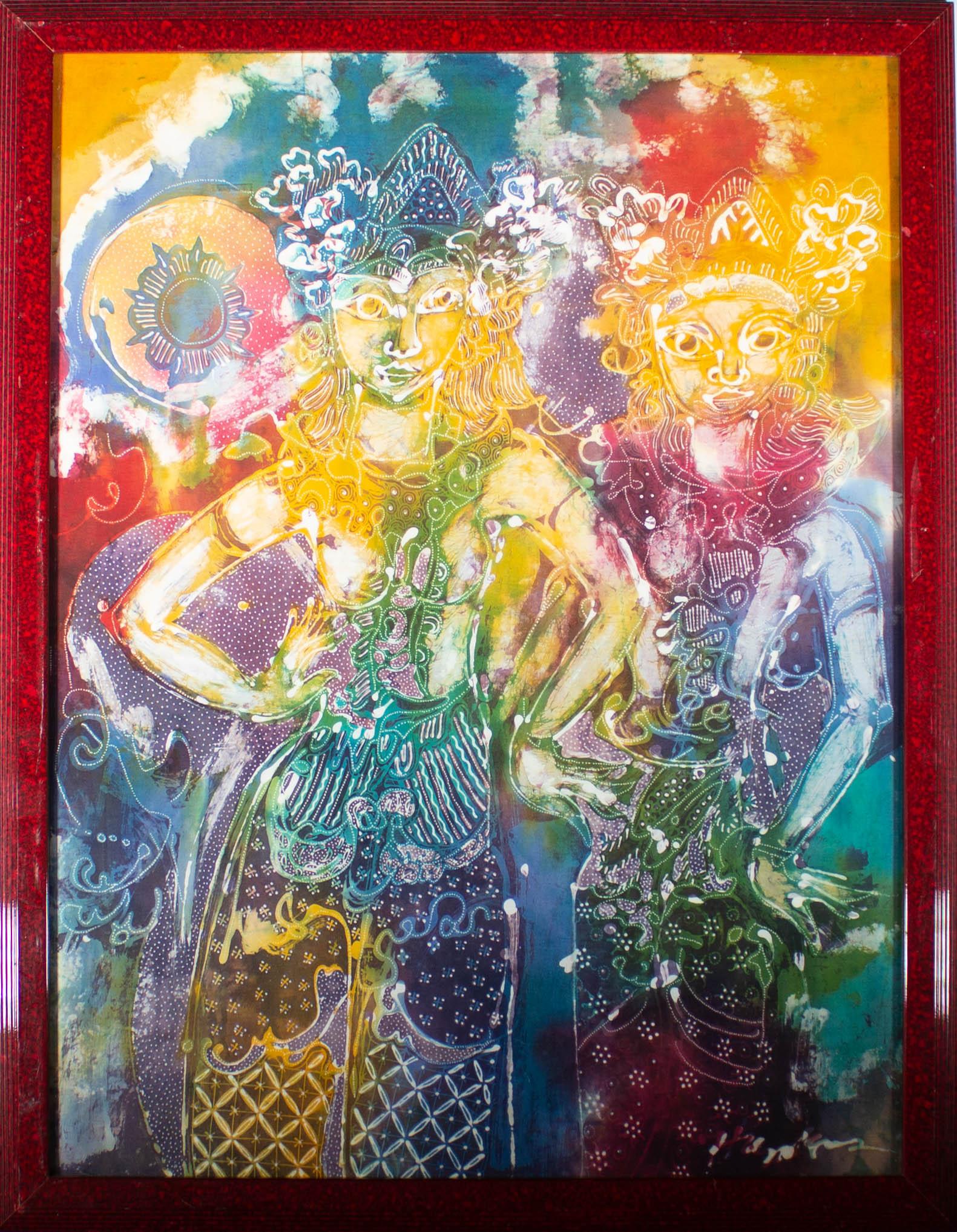 A vibrant and eye catching 20th Century batik of considerable size, showing a pair of beautiful deities, surrounded by undulating colours. The artist has signed illegibly to the lower right and the artwork has been presented i a contemporary red and