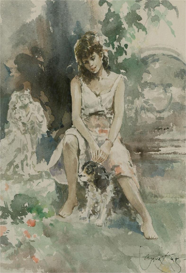 Gordon King - 20th Century Watercolour, Woman and her Dog 2
