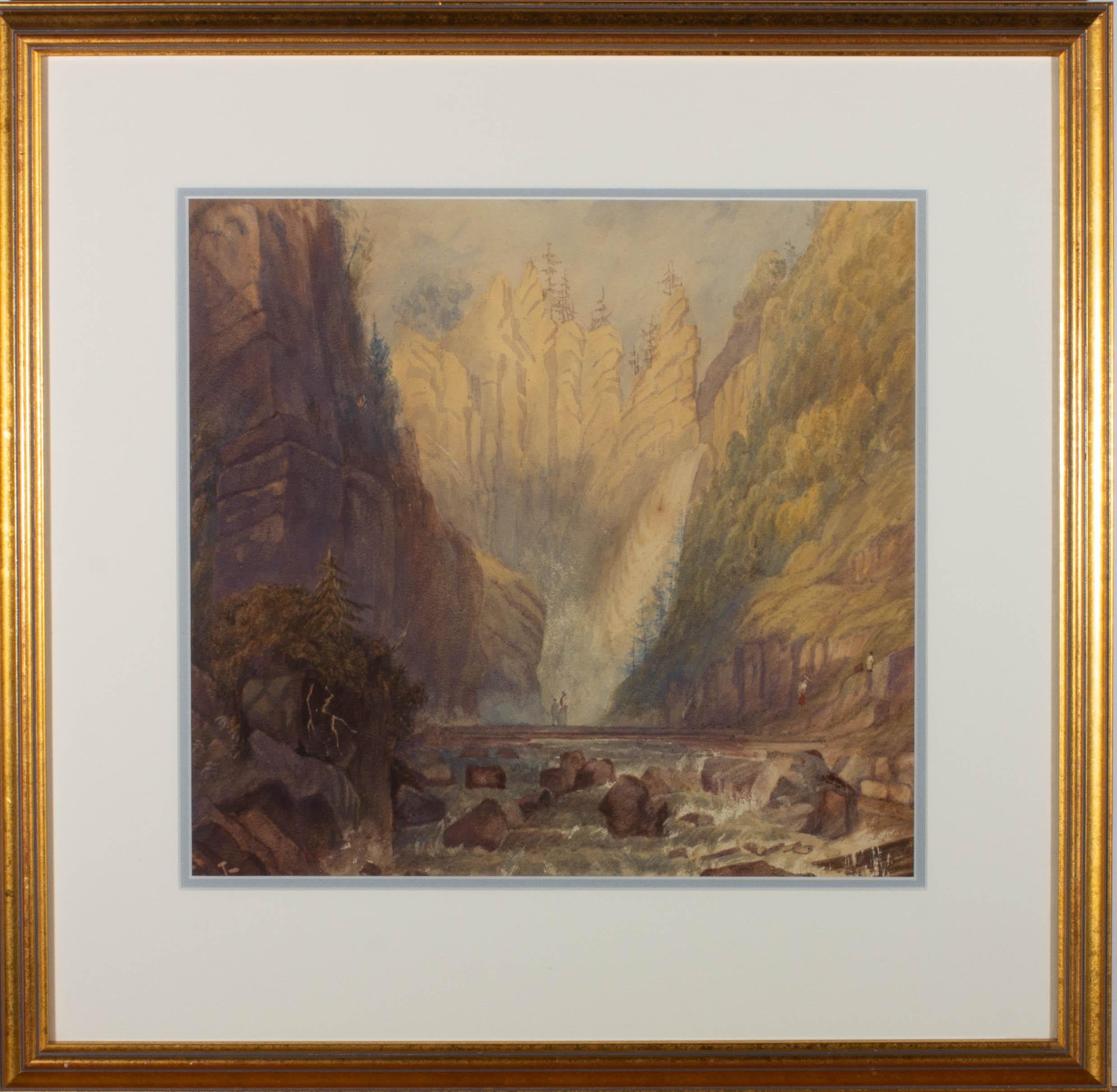 Mid 19th Century Watercolour - Mountain Waterfall - Art by Unknown