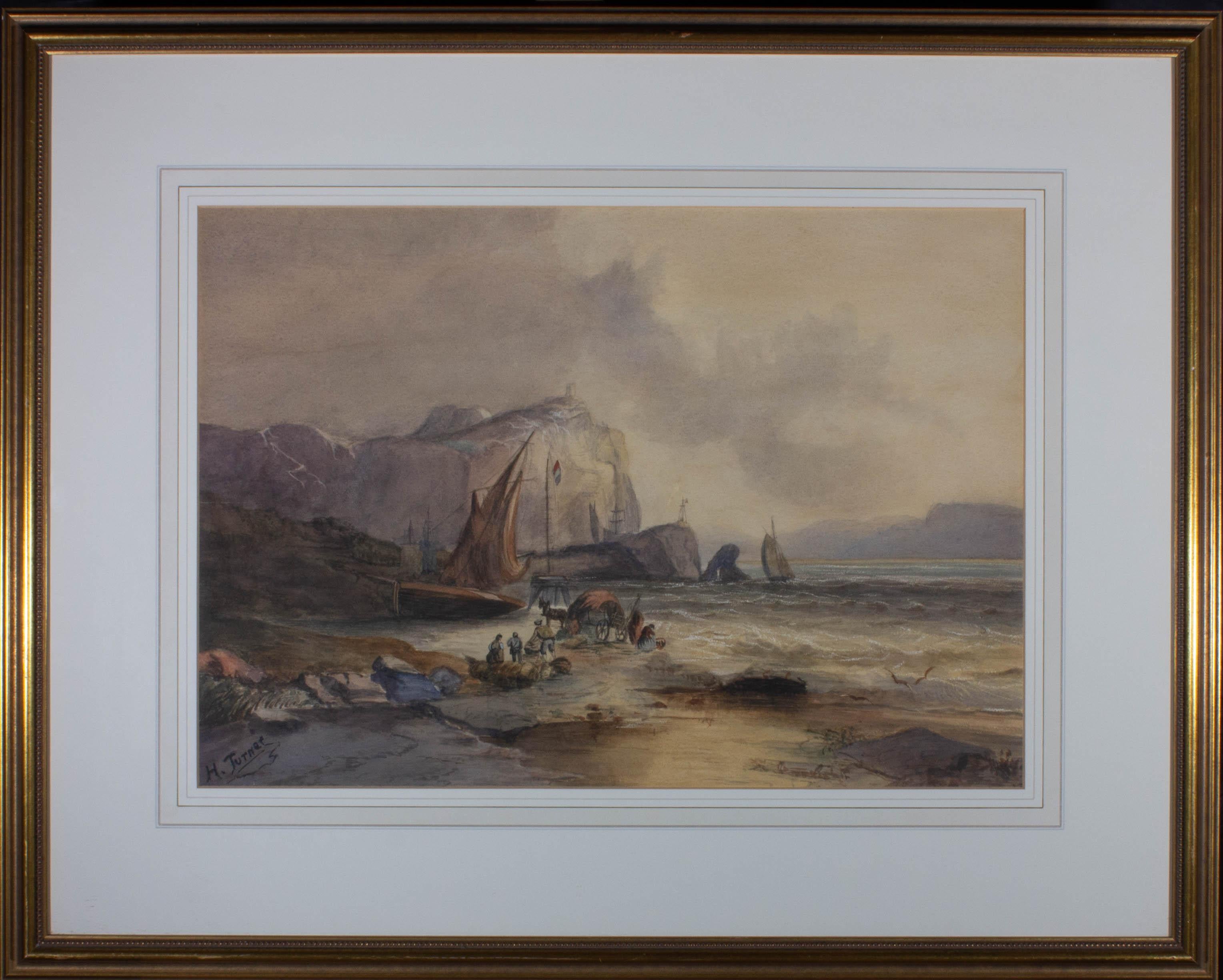 A fine coastal scene with sgraffito depicting fishermen working on a rocky coastline. The tricolore flies on a mast at the centre of the composition. Presented glazed in a white wash line mount and a distressed gilt-effect wooden frame. Signed to