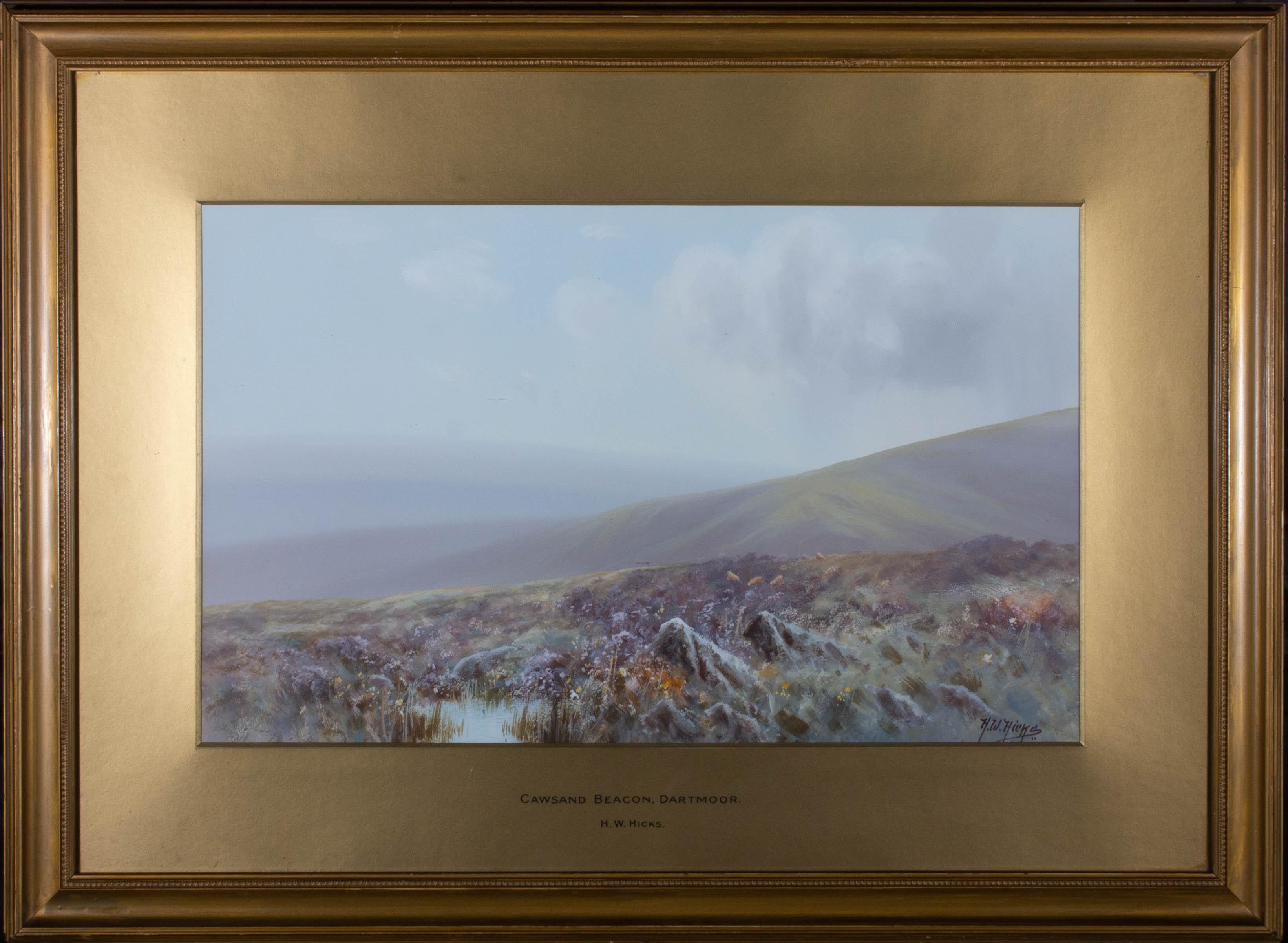An atmospheric landscape at Cawsand Beacon in Dartmoor. Presented glazed in a gold card mount and a distressed gilt-effect wooden frame. Signed to the lower-right edge. The title and name of the artist are also inscribed at the lower edge of the