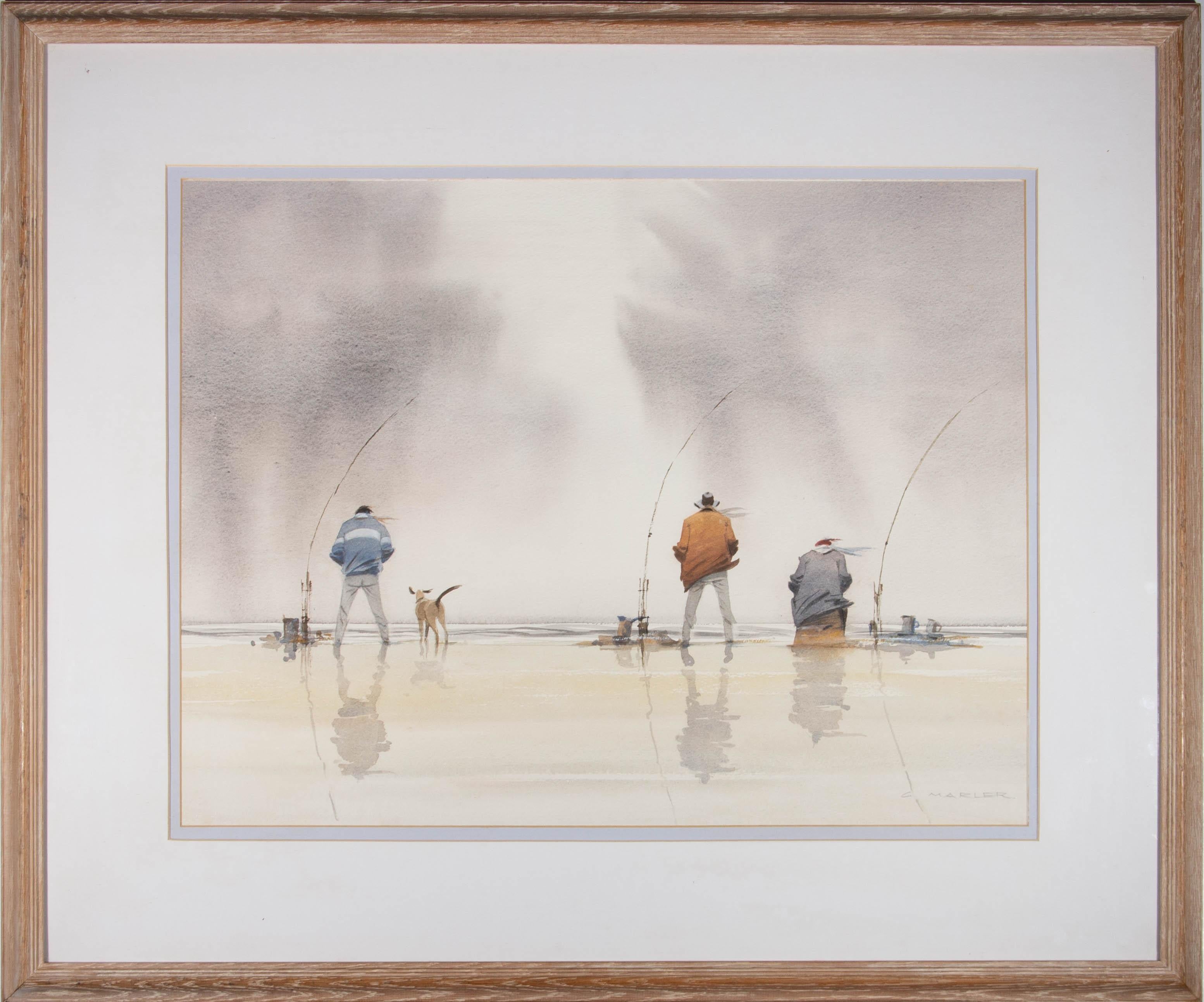 Digging their hands a little deeper into their pockets as the cold wind whips across the coastline, these three fishermen keep their eyes firmly on their bait. This atmospheric scene is painted with fine watercolour detail, showing the figures with