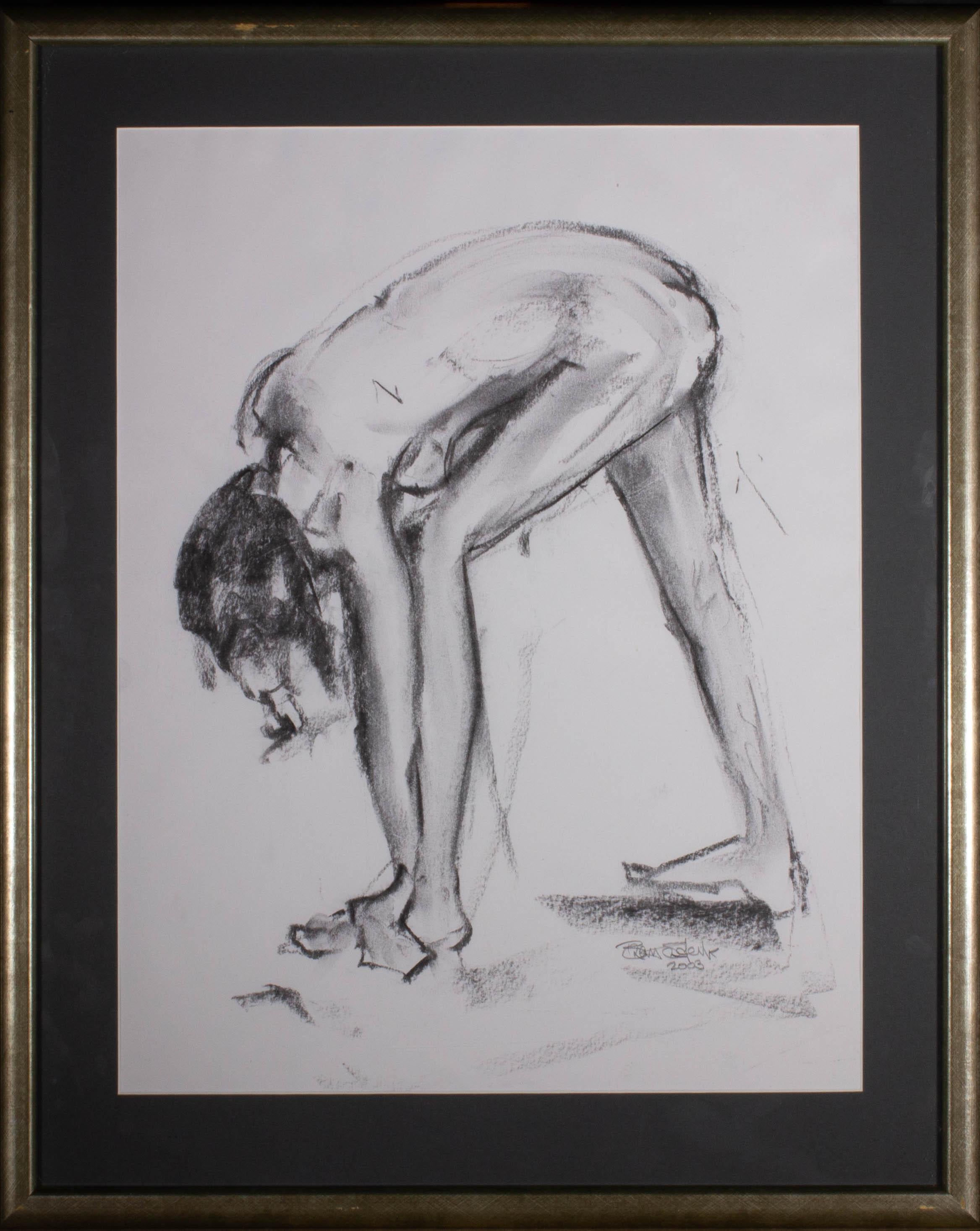 Depicting a nude female model leaning down to touch her ankle, highlighting her arched back and elongated legs. Signed illegibly and dated to the lower right. Well presented in a gilt frame. On wove.
