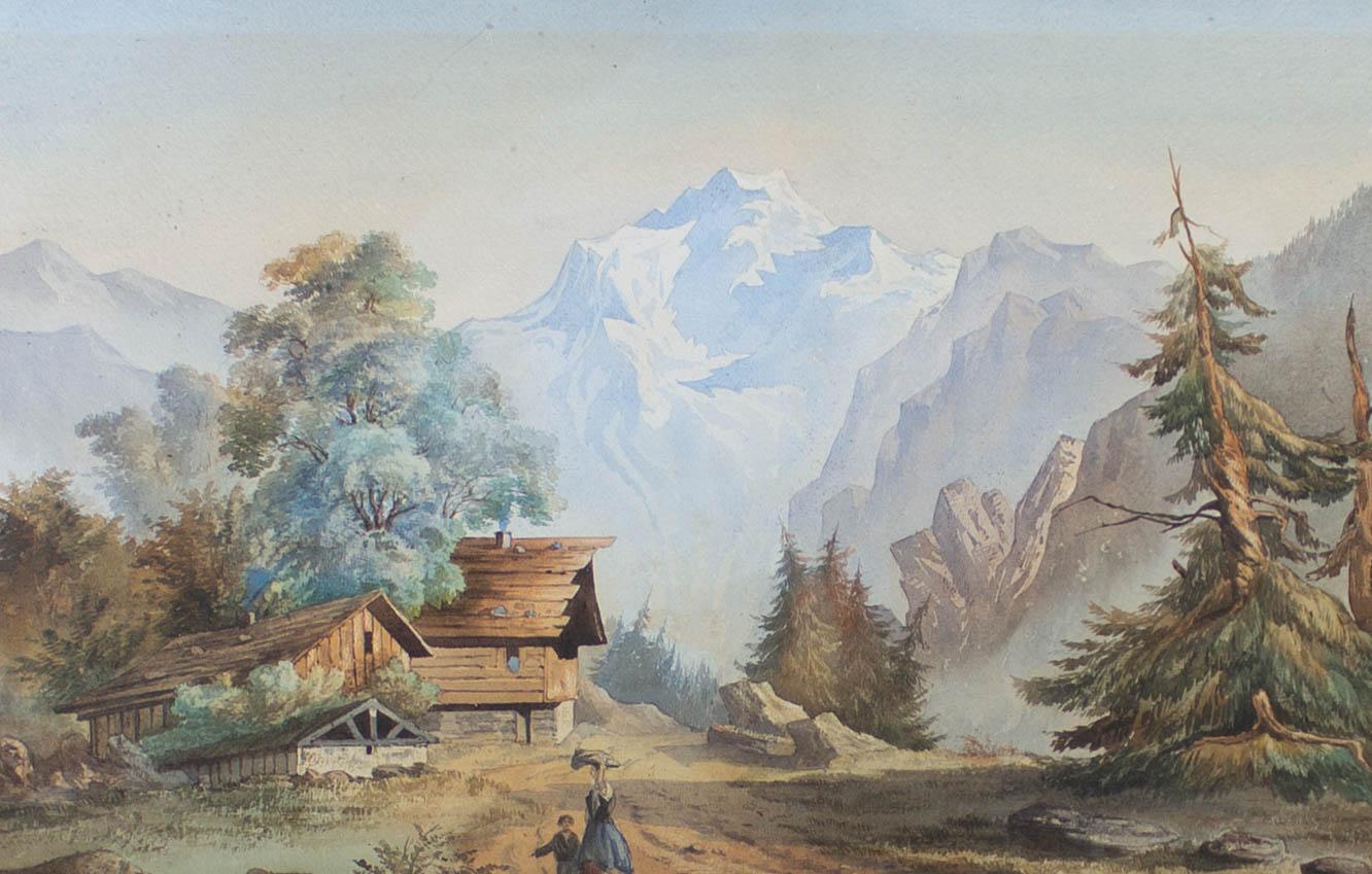 Mid 19th Century Watercolour - Hamlet in the Mountains - Art by Unknown