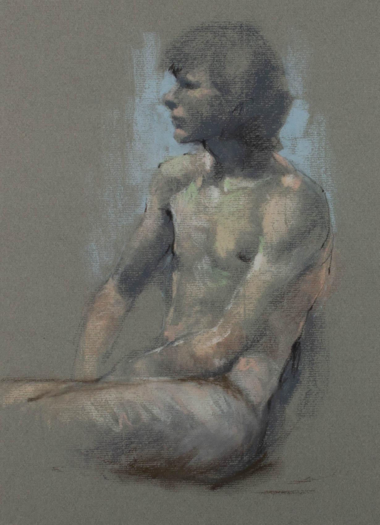 A seated male nude. Presented glazed in a wash line mount and a distressed gilt-effect wooden frame. Unsigned. There is a label guaranteeing authenticity signed by Patricia Frost on the verso, dated 1982. On laid.
